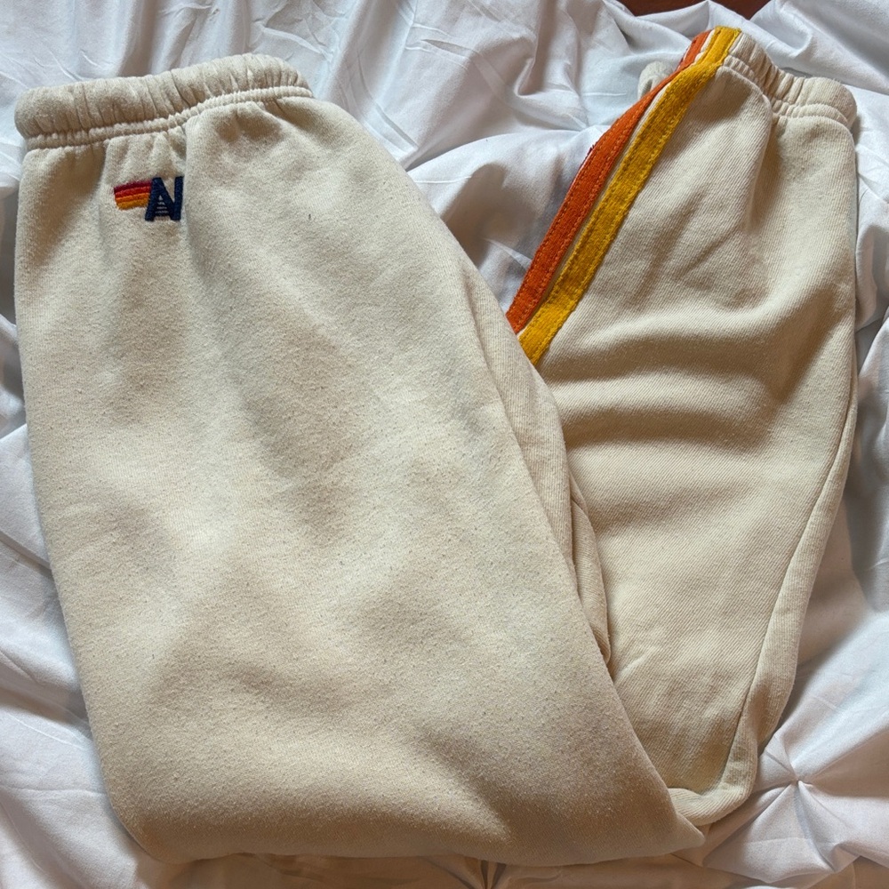 Aviator Nation Cream Sweatpants with Rainbow Detail
